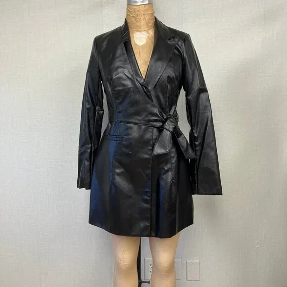 faux leather blazer dress Leather Oversized Belted Blazer Dress - Black main image 0